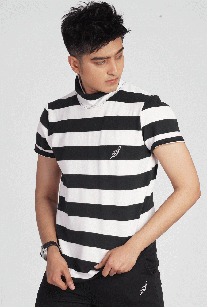 White and Black Stripe Turtleneck  T-shirt