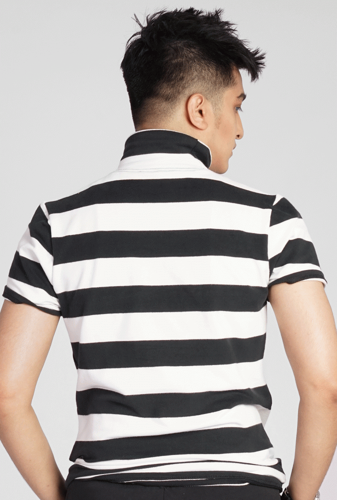 White and Black Stripe Turtleneck  T-shirt
