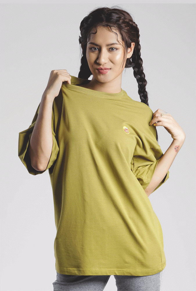 Golden Culture Oversized Premium Loop Cotton Girl T-shirt (Army Green)